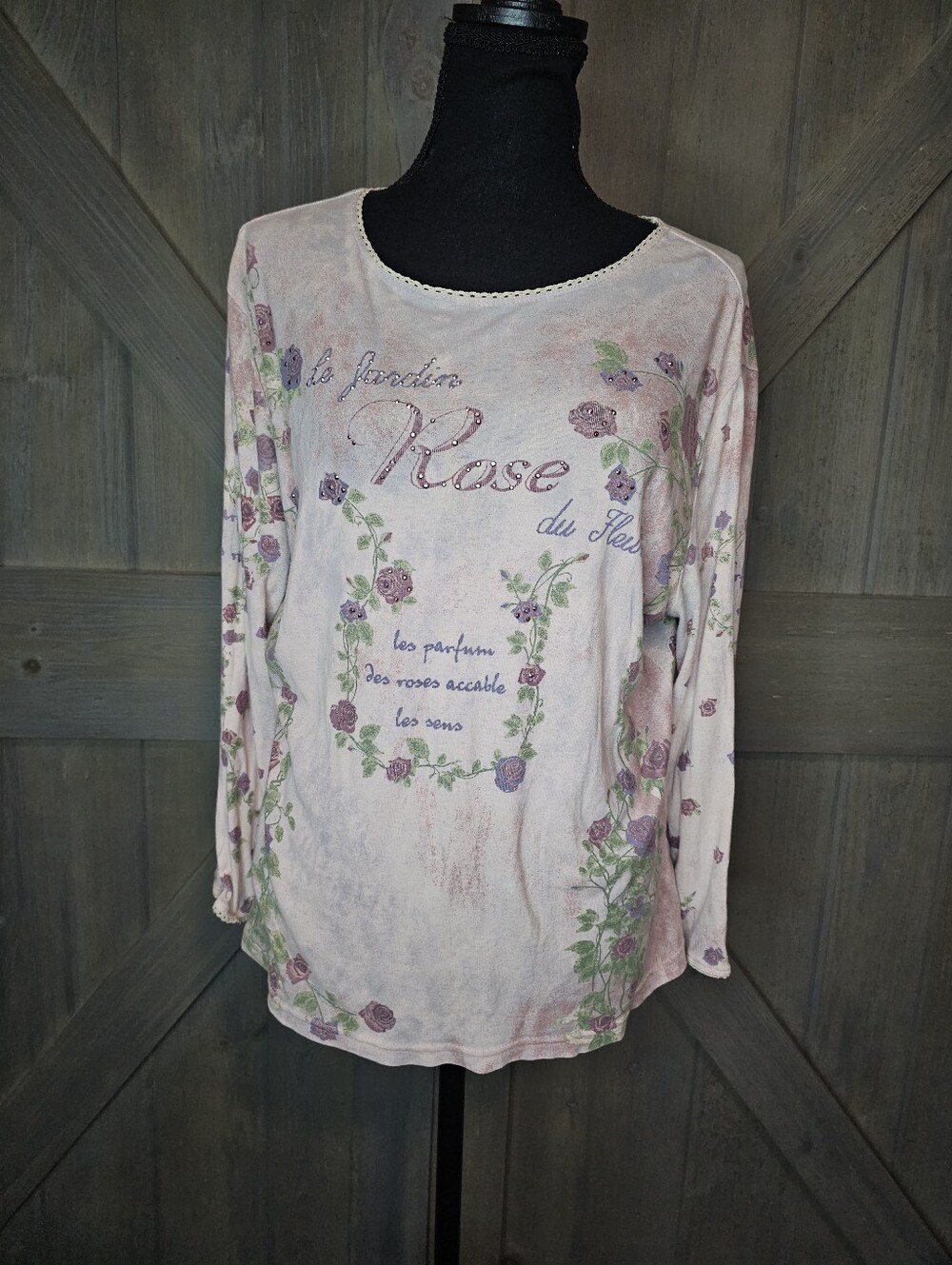 Y2K Fashion Bug Floral Rose Graphic Long Sleeve Top Size Large